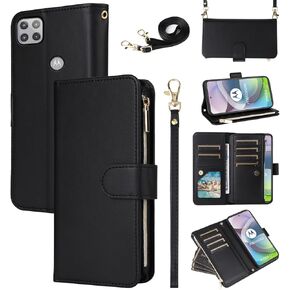 Wallet Case for Moto One 5G Ace/Motorola G G5 2021 with Crossbody Shoulder Strap Zipper Purse Card Holder Slots Protector Phone Cover MotoOne 1 One5G UW Ace 6.7 XT2113-3 XT2113-5 Girls Black