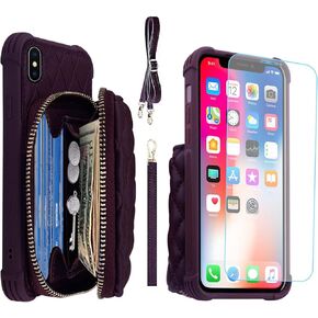MONASAY Zipper Wallet Case Fit for iPhone X/XS,[Glass Screen Protector ][RFID Blocking] Flip Leather Handbag Phone Cover with Card Holder and Detachable Crossbody Shoulder Lanyard Strap, Light Green