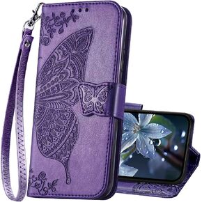 for Samsung Galaxy S24 FE 5G Case Wallet,Women Flip Folio Cover with Butterfly Embossed PU Leather Stand Credit Card Holders Slots Wrist Strap Phone Case (Purple)