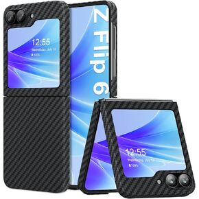 memumi Real Aramid Fiber for Samsung Galaxy Z Flip 6 Case, [NO-case Feeling] Durable Sturdy Aramid Fiber with 0.5mm Slim Case for Galaxy Z Flip 6 Thin and Minimalist in Carbon Fiber Design, Black