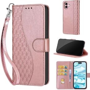 Designed for iPhone 16 Case Wallet,Women Flip Folio Cover with Embossed PU Leather Stand Credit Card Holders Slots Wrist Strap Phone Case for iPhone 16 6.1 Inch (Rose Gold)