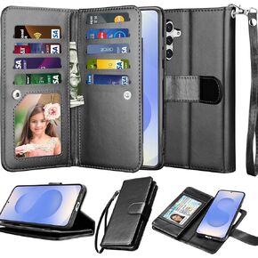 Njjex Galaxy S25 Plus Case, for Samsung Galaxy S25 Plus Wallet Case, [9 Card Slots] PU Leather Card Holder Folio Flip [Detachable] Kickstand Magnetic Phone Cover & Lanyard for Samsung S25+ [Black]