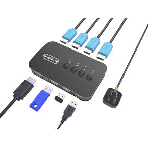 HDMI KVM Switch 4 Port - KVM Switch 4 Computers Share Keyboard Mouse Printer,Flash Drive,HD Monitor, Support 4K@30Hz, 4 HDMI KVM Cables 1 Desktop Controller Included