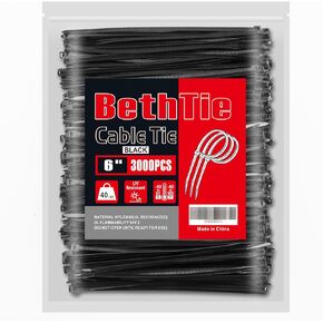 3000 PCS Black Zip Ties 6 Inch, 40 LBS Tensile Strength, Self-Locking Nylon PA66 UV Resistant Cable Ties for Indoor and Outdoor Use