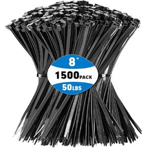 Zip Ties, KAMOTA 1500pcs 8 Inch Heavy Duty Self-Locking Nylon Zip Ties, Black Cable Ties with 50lb Tensile Strength, UV Resistant Cable Tie for Indoor and Outdoor Use