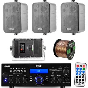 Pyle PDA6BU 200-Watt 2-Channel Digital USB/AUX FM Radio Stereo Amplifier Receiver, Bundle Combo With 4x Enrock EKMR408B 4" Inch 200-Watt 3-Way Black Box Speakers, 50 Feet 16-Gauge Speaker Wire in Kuwait