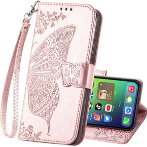 for iPhone 15 Wallet Case,PU Leather Flip Protective Phone Case Wrist Strap Credit Card Holder Pocket Emboss Butterfly Flower Kickstand Case for iPhone 15 Rose Gold