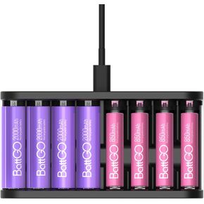 8 Bay AA AAA Battery Charger - High Speed Charger Max 27W - Household Battery Charger for Li-ion, NiMH, NiCd, LiFePo4 Rechargeable Batteries - Battery Power Level Display via APP - USB C Input