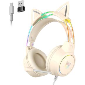 Lightweight Gaming Headset with Microphone, Cat Ear Headset for PC/PS5/PS4/Xbox/Switch, RGB LED Light, Surround Sound, Type-C & USB Wired Over Ear Headphones for Girls Women