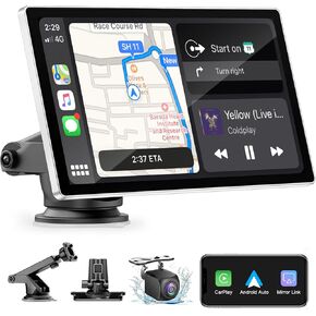 شاشة Carplay اللاسلكية للسيارة - 9 '' 'Stereo محمولة مع كاميرا احتياطية 1080 بكسل ، ومشغلات فيديو علوية للسيارات مع A -Ppple Carplay و Android Auto ، Bluetooth ، Aux ، GPS Navigation/Airplay/Voice Control