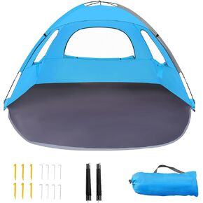 Beach Tent for 3-4 People, UPF50+ Sun Shelter with Breathable 3-Way Ventilation, 8.0mm Reinforced Fiberglass Poles, Portable Shade Canopy for Beach & Camping (Blue)