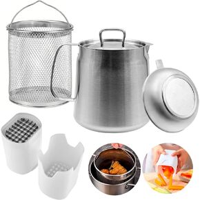 1.5 L 304 Stainless Steel Oil Filter Pot with Basket and Lid, Manual Vegetable Slicer, and French Fry Cutter – Stainless Steel Cooking Oil Filter Strainer for Home Cooking. Compact Deep Fryer Pot Set