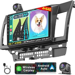 【4G RAM 64G ROM】 Car Radio for Mitsubishi Lancer 2008-2017, Android 10.1 Inch 5G WiFi Lancer Stereo with Wireless Carplay/Android Auto, Support GPS/Bluetooth5.2/1080P HD Backup Camera/SWC/FM Radio