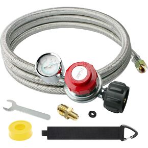5FT 0-30 PSI Adjustable High Pressure Propane Regulator with Gauge 0~60PSI Gas Flow Indicator Stainless Propane QCC1 Hose with 3/8 Flare x 1/8 MNPT Fits for LP Gas Cooker, Burner, Turkey Fryer, Smoker