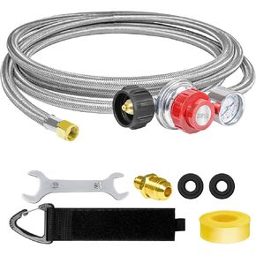 12FT 0-30PSI High Pressure Adjustable Propane Regulator with 0-60PSI Gauge Gas Flow Indicator, Stainless Steel Braided Hose and Gas Grill Regulator, QCC1x3/8 Female Flare Fitting for Gas Tank Cooker