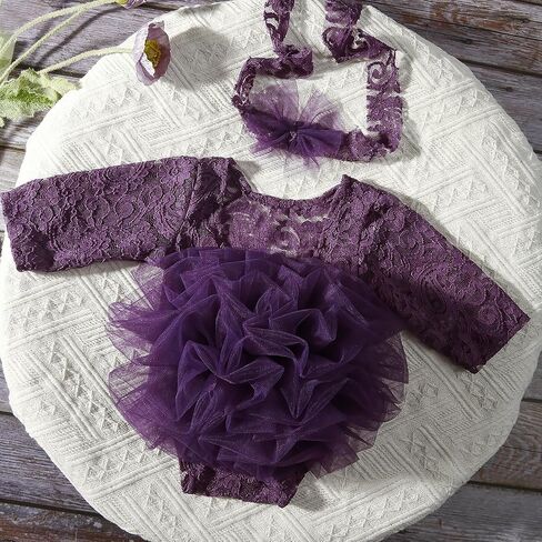 Ylsteed Newborn Girl Photoshoot Outfits Lace Newborn Photography Outfits Girl Photo Props for Newborn Girl Elastic Romper with Headband Baby Elegant Gorgeous Photography Outfit - Purple in Saudi Arabia