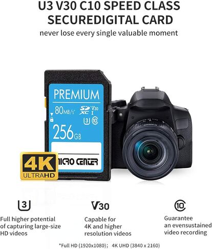 Premium 256GB SDXC Card by Micro Center, Class 10 SD Flash Memory Card UHS-I C10 U3 V30 4K UHD Video R/W Speed up to 80 MB/s for Camera Computer Trail Dash Cam (256GB) in Saudi Arabia