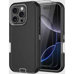 Designed for iPhone 16 Pro Case, Military Grade 3-Layers Shockproof Dropproof Hybrid Cell Phone Cover with Screen Protectors X2, Rugged Full-Body Protective Case for Apple iPhone 16 Pro (Blue)