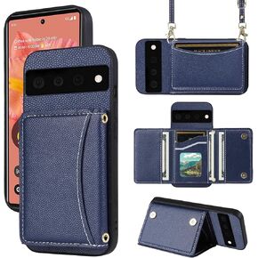 Phone Case for Google Pixel 6 Wallet Cover with Crossbody Shoulder Strap and Leather Credit Card Holder Pocket Slim Flip Purse Stand Cell Accessories Pixel6 Pixle Six Women Girls Men Blue
