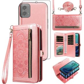 Asuwish Phone Case for Motorola Moto G 5G 2024 Zipper Wallet Magnetic Detachable Cell Cover with Tempered Glass Screen Protector Crossbody Strap Mandala Flower Card Holder G5G 5 G G5 Women Rose Gold