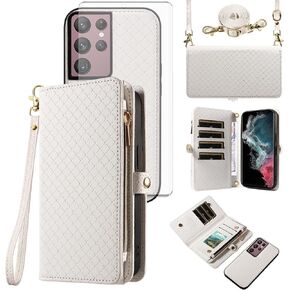 Asuwish Phone Case for Samsung Galaxy S22 Ultra 5G Zipper Wallet Detachable Cell Cover with Tempered Glass Screen Protector Lanyard Strap Flip Card Holder S22ultra 22S S 22 S22ultra5g 6.8 Women Green