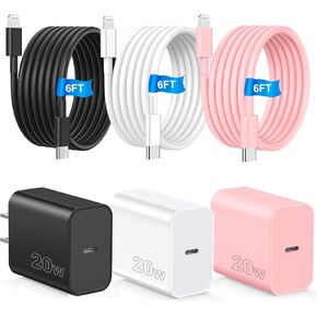 USB C Fast Charger for Phone 14,3Pack 20W PD USB C Charger Block with 6FT USB C to Liightning Cable Compatible with Phone 14/14 Pro/13/13Pro Max/12/12 Pro Max/11/XS/XR/X/8Plus,Black/Pink/White