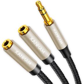 3.5mm Audio Stereo Y Splitter TRS Aux 1/8 Inch Mini Jack Extension 1 in 2 Out Adapter Cable for Headphone Audio Sharing Compatible with iPhone, iPad, iPod, Smartphone, Tablet, Laptop/PC, etc