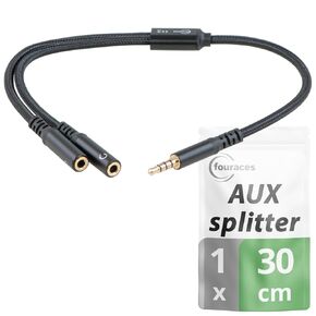 AUX y Splitter - Adapter Cable Very Short - 1 ft - 3.5 mm - 4 Pole - 2 Headphone Connections for PC, PS4, Microphone - Jack Crossover, Audio Splitter for Two People