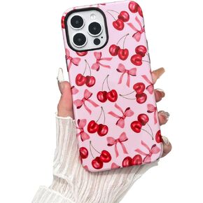 Compatible with iPhone 15 Pro Max Case,Cute Pink Cherry Bow Case with Shockproof Slim Soft TPU and Hard PC Protective Cases for Women Designed for iPhone 15 Pro Max Case (Glossy)