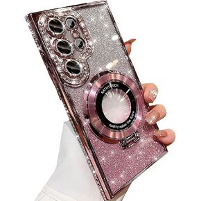 for Samsung Galaxy S25 Ultra Magnetic Kickstand Glitter Case, [Compatible with Magsafe] Cute Bling Sparkly Diamond Rhinestone with Camera Protector Women Girl Case for Galaxy S25 Ultra,Purple