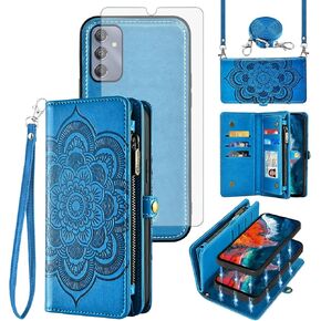Asuwish Phone Case for Samsung Galaxy A25 5G Zipper Wallet Magnetic Detachable Cell Cover with Tempered Glass Screen Protector Crossbody Strap Flower Card Holder A 25 25A SM-A256U Women Men Girls Blue