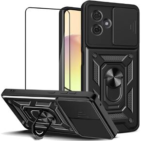Case for Motorola Moto G55 5G with Tempered Glass Screen Protector,Sliding Camera Window, Kickstand, Shock-Proof Anti-Scratch Dual-Layer Phone Cover, Black