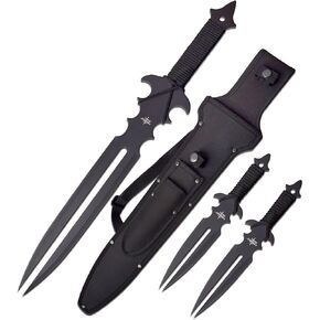 Fantasy Master - FM-682 - Fantasy Short Sword with Set of 2 Throwing Knives - Black Stainless Steel Blade, Full Tang, Black Cord Wrapped Handle, Nylon Sheath - Decorative, Collectible