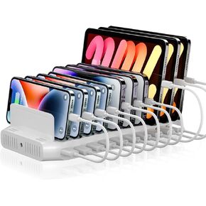 Alxum iPad Charging Station, 96W 10 Port USB Charging Station for Tablet and More Multi Devices Organizer with Detachable Dividers, White