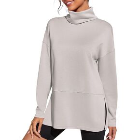 Fisoew Women's Turtleneck Oversized Sweatshirt Casual Long Sleeve Loose Side Slit Pullovers Tunic Tops