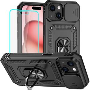 HNHYGETE iPhone 15 Case with HD Screen Protector: [Military Grade 20ft. Drop Tested] Ring Shockproof Protective Phone Case for iPhone 15 Black
