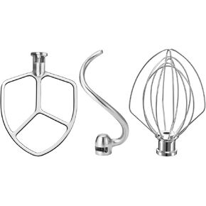 Stainless Steel Stand Mixer Attachments 3-Piece for KitchenAid 5.5-6 Qt Tilt Head Stand Mixer. Includes 6 Wire Whisk, Flat Beater, Dough Hook for KitchenAid 6 Qt Mixer Bowl