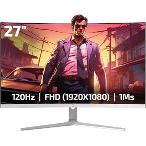 GAMEPOWER F20 27 Inch Curved White Gaming Monitor, 120Hz 1080p Display, 1ms Response Time, AMD FreeSync, HDR Support, 125% sRGB, RGB Backlight, Dual Speakers, Zero Frame Design, HDMI and VGA Inputs