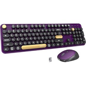 Colorful Wireless Computer Keyboards Mouse Combos, UBOTIE Polychrome Round Keycaps Retro PC Keyboards 2.4GHz Radio Frequency Connection with Optical Mouse(Black Purple)