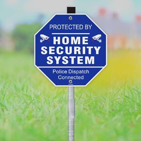 Protected By Home Security System Yard Sign with Stake,10" x 28" Police Dispatch Connected Warning Sign, Reflective Metal Aluminum Yard Sign Blue, Waterproof Outdoor Use
