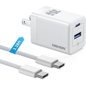 35W USB-C Wall Charger Block: NOHON GaN PD 3.0 Fast Charging Block, Foldable Compact Power Adapter with 3ft USB C to USB C Cable for iPhone 15/14/Pro Max/Plus/13/12 (White)