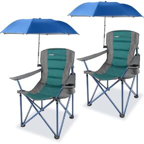 2 Pack Camping Chairs with Adjustable Umbrella-Folding Lawn Chair with American Flag Backrest-Heavy Duty Padded Camping Chair for Beach,Black