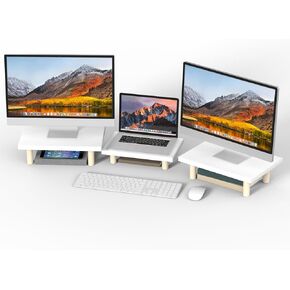 Dual Monitor Stand, Laptop Stand for Computer Desk, Desk Organizer with Storage, Adjustable Monitor Riser for 2-3 Monitors, Home Office Desk Accessories, White