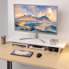 Bamboo Dual Monitor Stand Riser White, 2-Tier Desk Monitor Riser for 2 Monitors, Supports for PC Computer Monitor, Printer, Heavy TV Riser up to 300 lbs, White