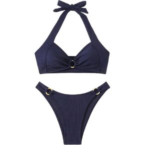 GORGLITTER Women's Halter Triangle Swimsuits Ring High Waisted Thong Bikini Set Cute Bathing Suit