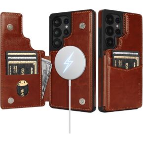 Compatible with Magsafe for Samsung Galaxy S25 Ultra Wallet Case with Card Holder,Women Men Phone Case PU Leather Kickstand Flip Protective Cover Credit Card Slots,for Galaxy S25 Ultra,Brown