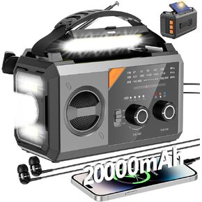 Hand Crank Emergency Radio - 20000mAh/74000mWh Solar Portable Weather Radio AM FM NOAA with 3 Mode Flashlight & Reading Lamp, Headphone Jack, Cell Phone Charger, SOS for Emergency, Grey