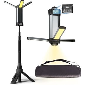 Rechargeable LED Work Light with Stand - Cordless Work Light Kit 3 Page Head,500/1000/2000 Lumen 3500/6500K Dimmable 6AH Camping Light with Detachable Tripod,Hooks and Carrying Bag