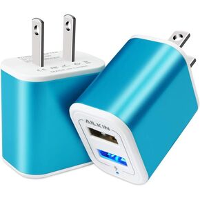 USB Plug in Wall Charger, Charging Block, 2Pack AILKIN 2.1A Fast Charge Dual Port Power Adapter Cube Box Brick Base Compatible with Phone, Pad, LG, Honor, Samsung, Kindle Fire, Blue, All USB - Blue