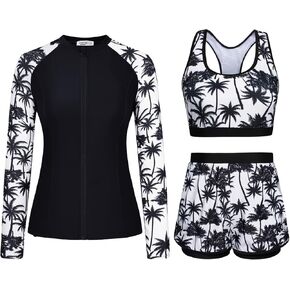JASAMBAC Women's 3 Piece Rash Guard Long Sleeve Swimsuits with Boyshorts Zip Up UPF 50+ Swim Shirt Built in Bra